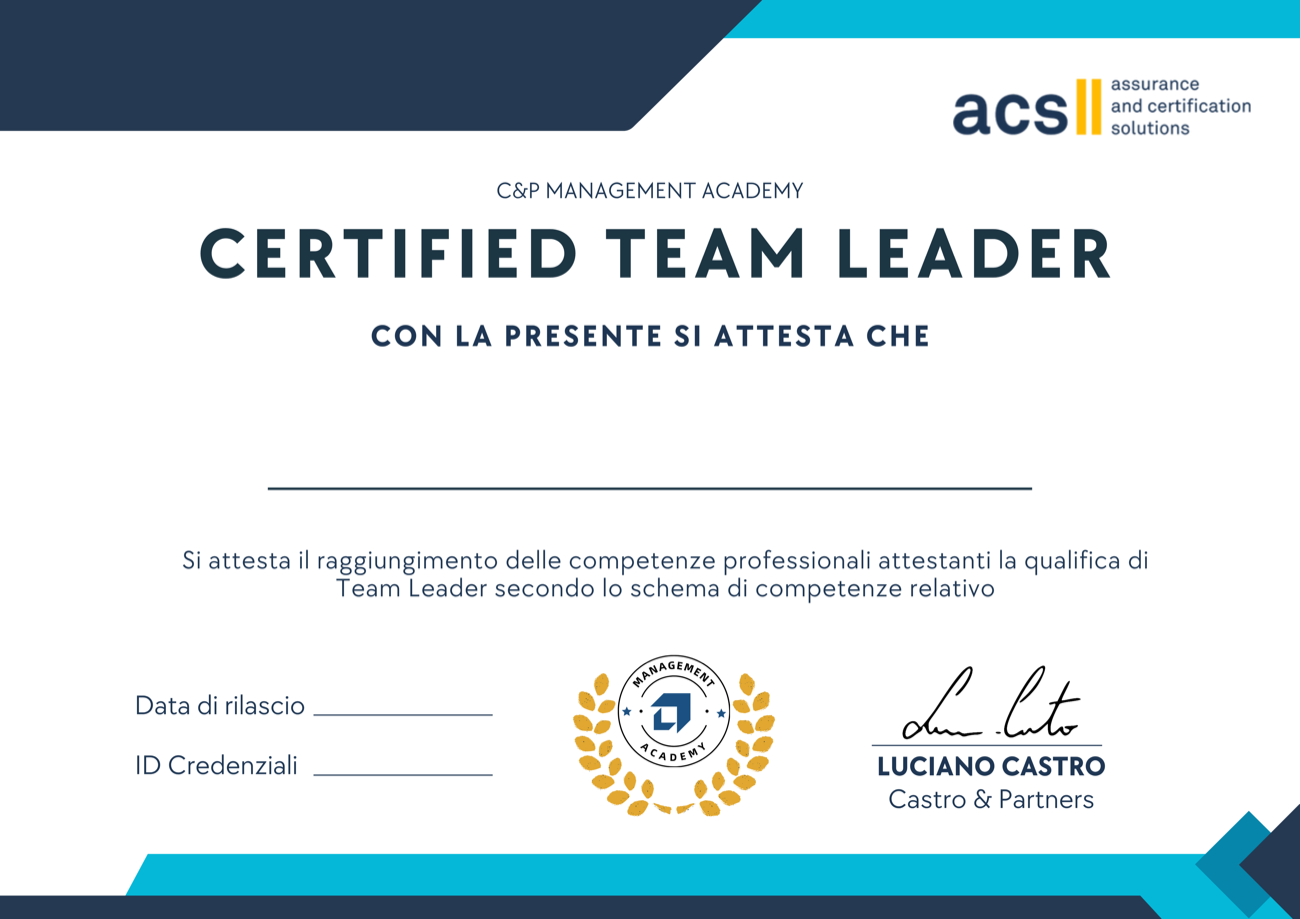 Certificato Certified Team Leader rilasciato da ACS Italia a C&P Management Academy