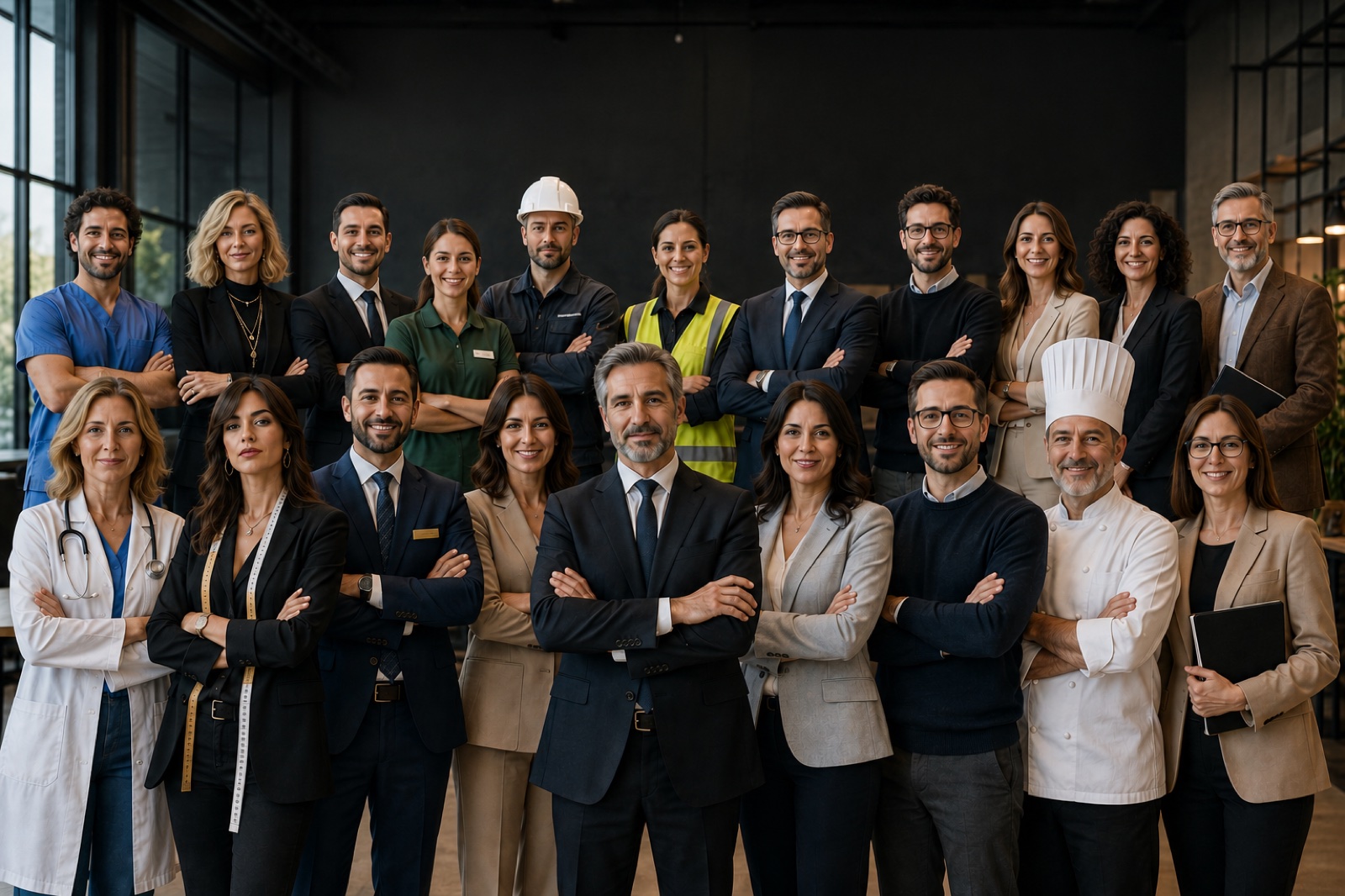 Team leader di settori diversi — sanità, edilizia, ristorazione, ufficio — uno accanto all'altro