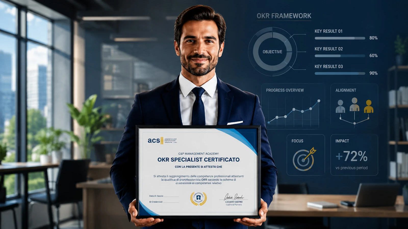 Professionista OKR Specialist certificato ACS con dashboard del framework OKR